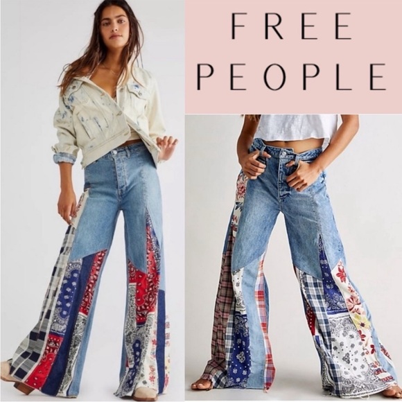 FREE PEOPLE WE THE FREE CORTEZ PIECED PATCHWORK MID RISE FLARE JEANS - Picture 5 of 5